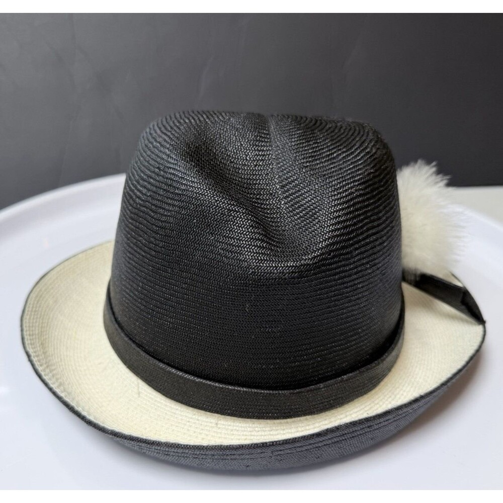 Vintage Mr John Classic Hat Black Ivory Straw Fedora delicate Pom Pom NY Paris - Picture 9 of 16